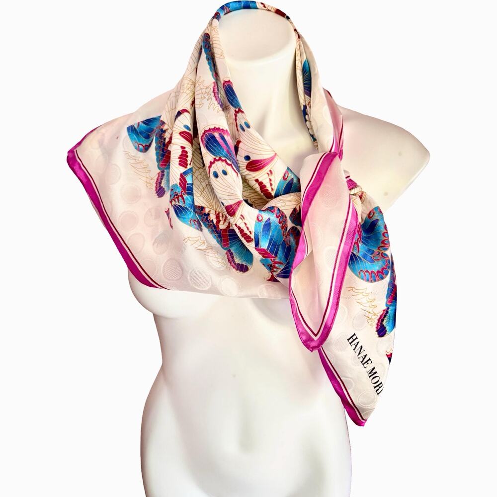 Hanae Mori Butterfly Silk Scarf 35x35 Signature Print 1970s Japan Hand Rolled - Picture 7 of 13